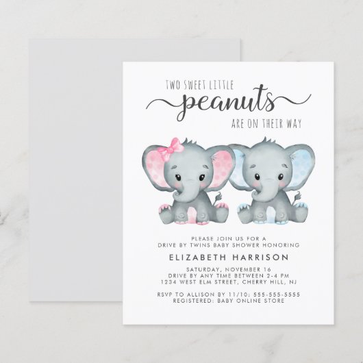 Papier Elephant Twin Baby Boy Girl Drive Par Invitation D (Devant / Derrière)