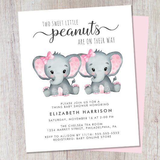 Papier Elephant Twin Baby Girls Douche Budget Invitation