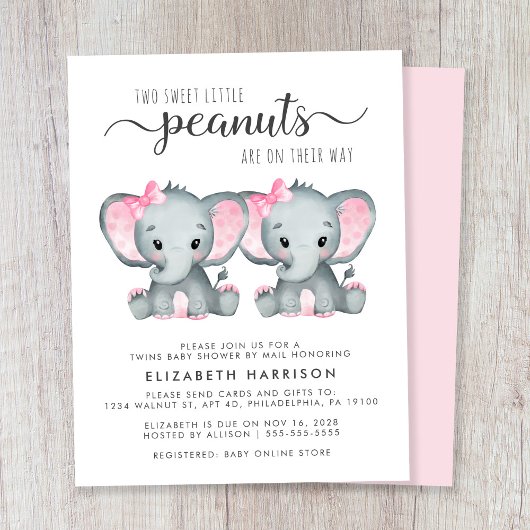 Papier Eléphant Twin Baby Girls Douche Par Mail Invitatio