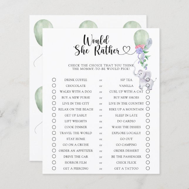 Papier Elephant / Voudrait-Elle Plutôt Baby shower Jeu (Devant / Derrière)