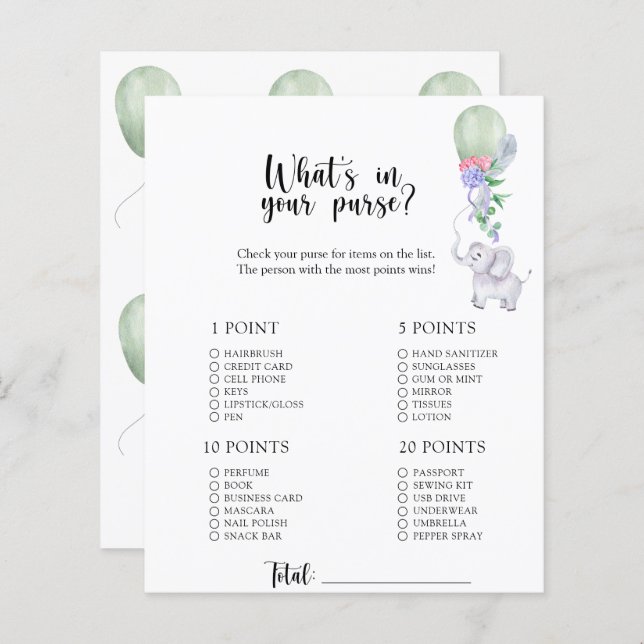 Papier Elephant - Whats dans votre sac à baby shower jeu (Devant / Derrière)