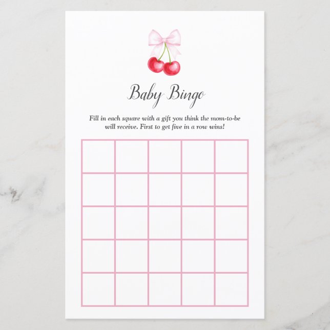Papier Elle est la Cherry On Top Baby shower Bingo Jeu (Devant)