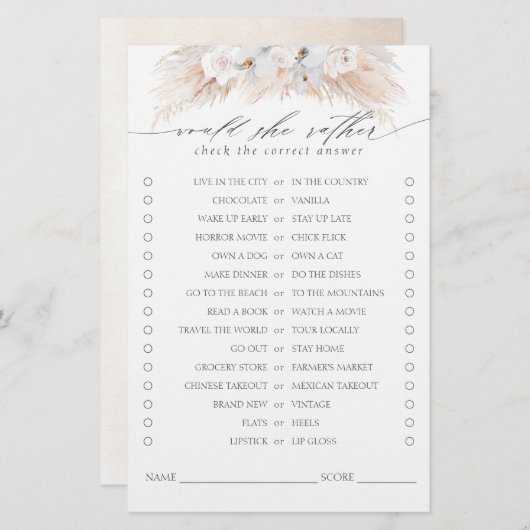 Papier Elle Préférerait Pampas Grass Fête des mariées Jeu