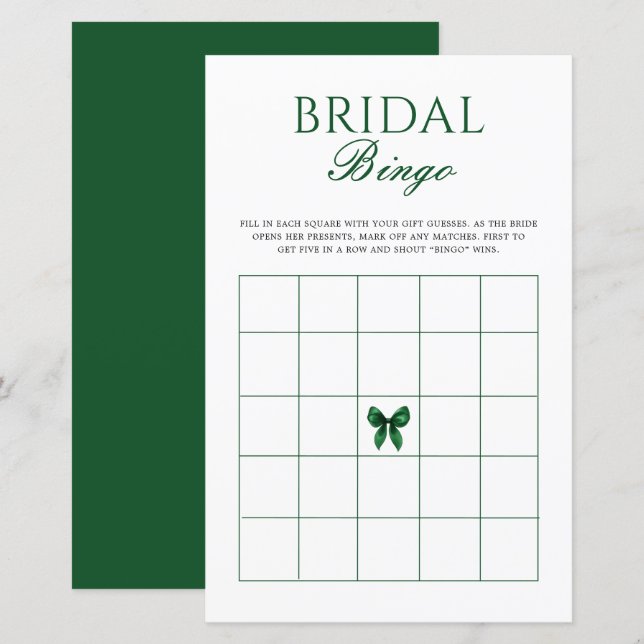 Papier Emerald Bow Bridal Shower Bingo Game (Devant / Derrière)