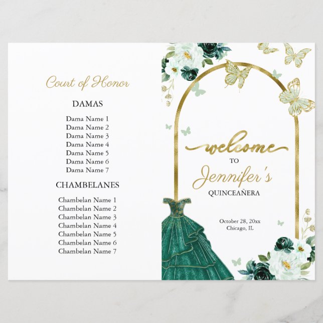 Papier Emerald Green Dress Floral Quinceanera Programs (Devant)