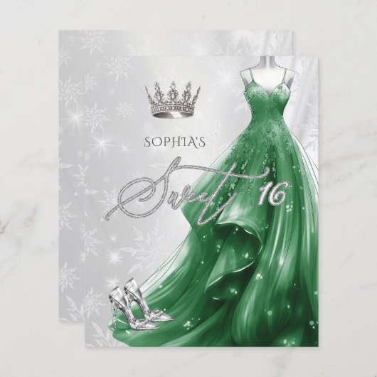 Papier Emerald Green Robe Snowflakes Sweet 16 Invitation (Devant / Derrière)