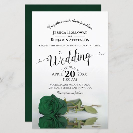 Papier Emerald Green Rose Faire-part de mariage BUDGET (Devant / Derrière)