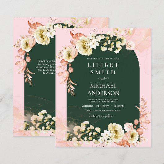 Papier Émeraude saison PINK Green Floral Mariage invite (Devant / Derrière)