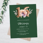 Papier Émeraude vert or pêche budget floral doux 16<br><div class="desc">Une invitation moderne, élégante et glamour pour un Sweet 16. Arrière - plan vert émeraude, décoré d'une fleur rose, pêche et violette couleur eau. Le nom est écrit avec un rose moderne de couleur or foncé à la main écriture style. Personnalisez et ajoutez les détails de votre fête. Le numéro...</div>