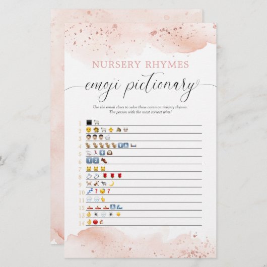 Papier Emoji pictionary baby shower jeu d'aquarelle rose (Devant / Derrière)