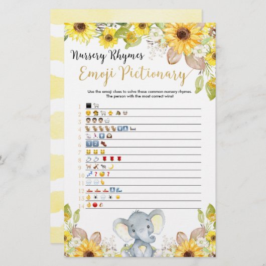 Papier Emoji pictionary baby shower jeu jaune éléphant (Devant / Derrière)