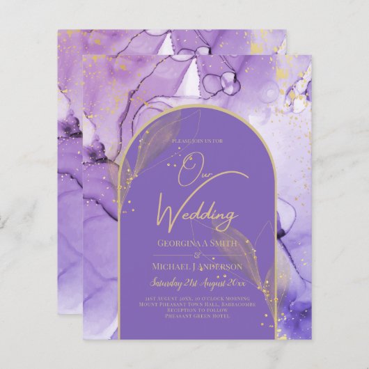 Papier Encre Abstrait PURPLE OR Lavande Mariage INVITE (Devant / Derrière)