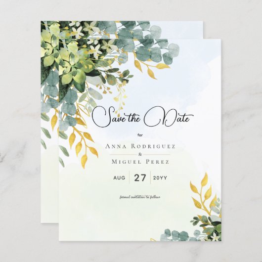 Papier Enregistrer la date Eucalyptus Green Gold Mariage  (Devant / Derrière)