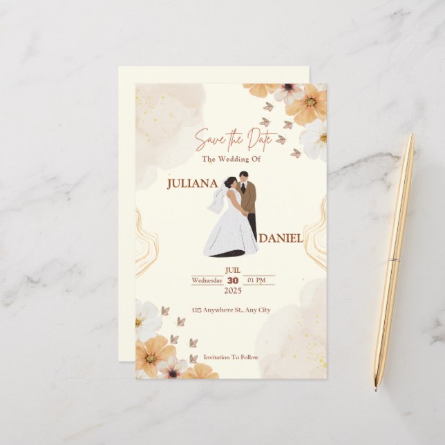 Papier Enregistrer la date Mariage carte-Crème Floral Des (Devant/Arrière en situation)
