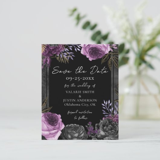 Papier Enregistrer la date Mariage gothique noir violet (Debout devant)