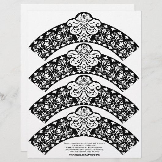 Papier Enveloppe Cupcake Damask blanc sur noir (Devant / Derrière)