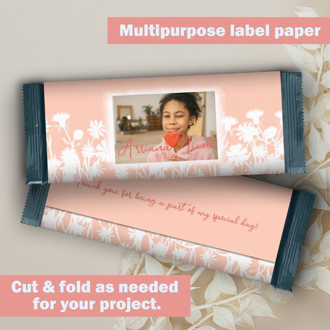Papier Envelopper blanc Bat mitzvah Personnalisé Barre à  (Peach, white botanical wild flowers bat mitzvah candy bar wrapper, diy budget low cost alternative)
