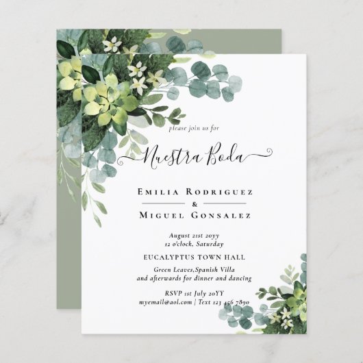 Papier Espagnol NUESTRA BODA Eucalyptus Vert BILINGUE (Devant / Derrière)