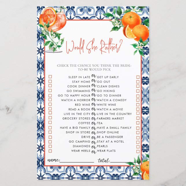 Papier Est-Ce Qu'Elle Préférerait ? Jeu de Fête des marié (Devant)