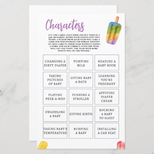 Papier Été Popsicle Baby shower Jeu caractères (Devant / Derrière)