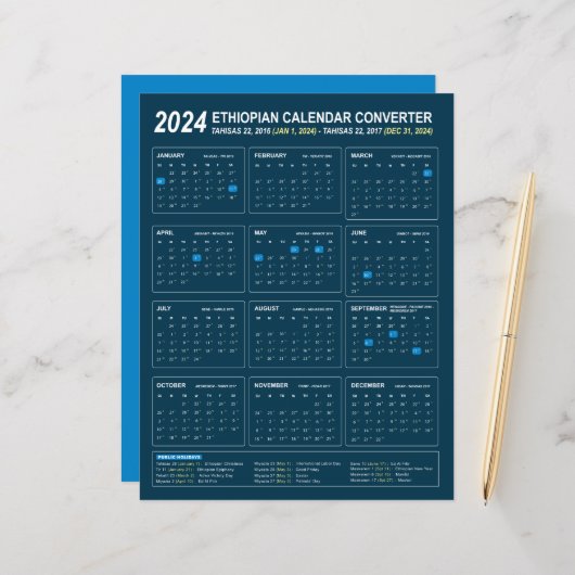 Papier Ethiopian Calendar Converter pour l'année 2024 (Devant/Arrière en situation)