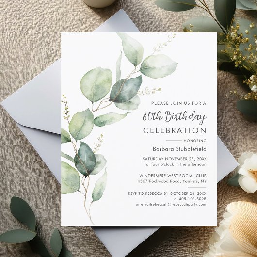 Papier Eucalyptus 80e anniversaire de fête Invitation