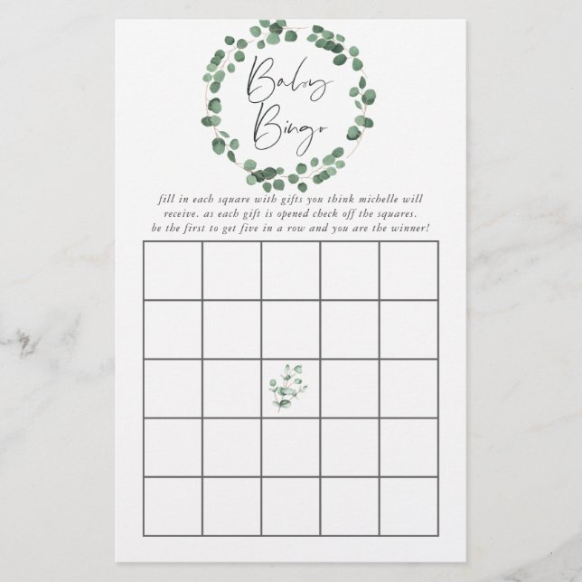 Papier Eucalyptus Baby shower de verdure Bingo (Devant)