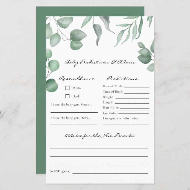 Papier Eucalyptus Baby shower Jeu Prédictions et conseils (Devant / Derrière)