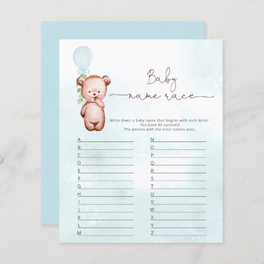 Papier Eucalyptus Bear Baby Name Race Baby shower Jeu (Devant / Derrière)