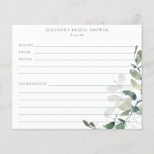 Papier Eucalyptus Bridal Shower Recipe Cards (Devant)