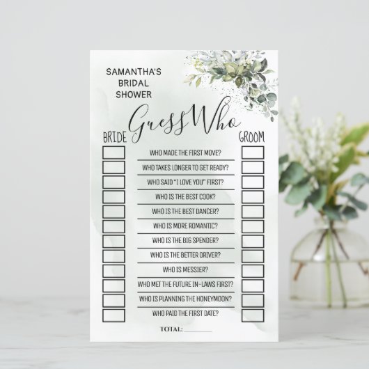 Papier Eucalyptus Devinez qui jeu de baby shower bilingue (Debout devant)