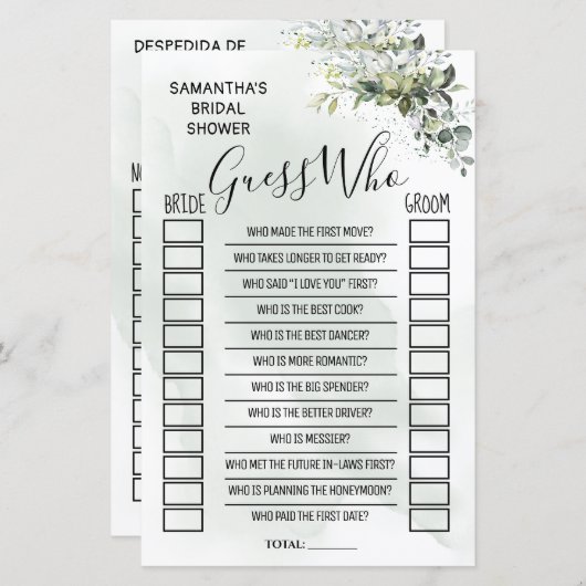 Papier Eucalyptus Devinez qui jeu de baby shower bilingue (Devant / Derrière)