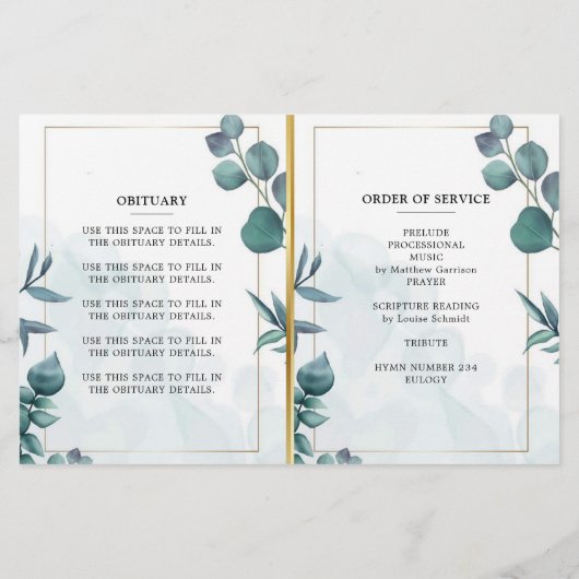 Papier Eucalyptus Elegant Celebration of Life Program (Dos)