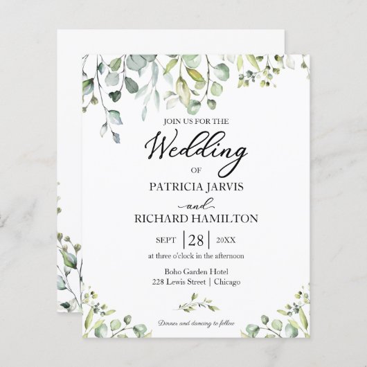 Papier Eucalyptus Élégant Faire-part de mariage budgétair (Devant / Derrière)