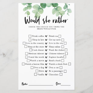 Papier Eucalyptus et verdure : jeu de bridal shower "Préf