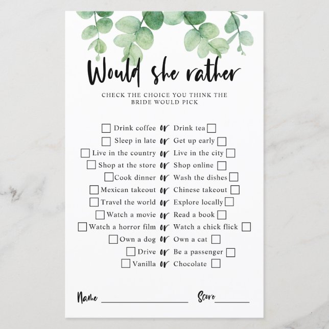 Papier Eucalyptus et verdure : jeu de bridal shower "Préf (Devant)