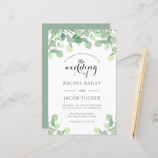 Papier Eucalyptus Faire-part de mariage Budget Vert (Devant/Arrière en situation)