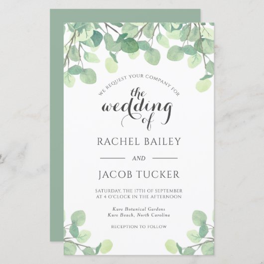 Papier Eucalyptus Faire-part de mariage Budget Vert (Devant / Derrière)