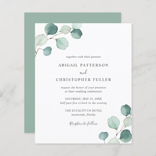 Papier Eucalyptus Faire-part de mariage Budget Vert (Devant / Derrière)