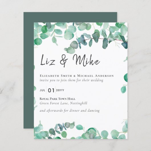 Papier Eucalyptus Faire-part de mariage Budget Vert Feuil (Devant / Derrière)