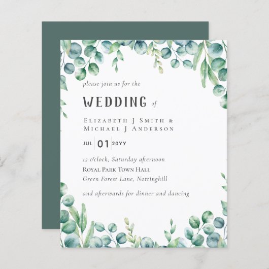 Papier Eucalyptus Faire-part de mariage Budget Vert Feuil (Devant / Derrière)