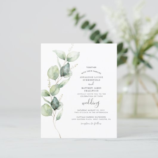 Papier Eucalyptus Faire-part de mariage de script de verd (Debout devant)