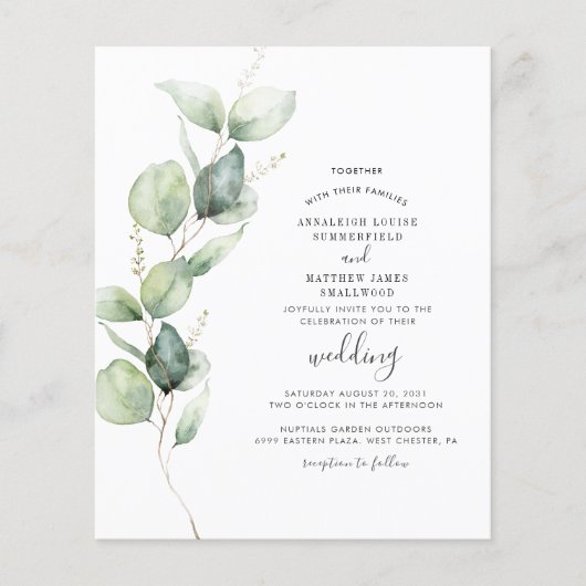 Papier Eucalyptus Faire-part de mariage de script de verd (Devant)