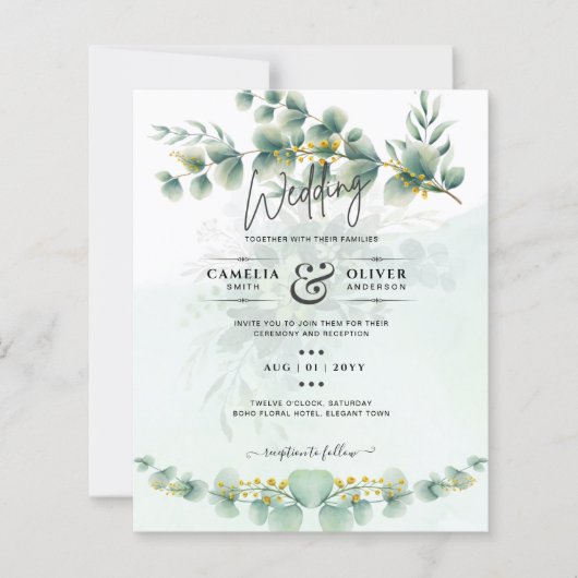 Papier Eucalyptus Faire-part de mariage Vert moderne Or (Devant)