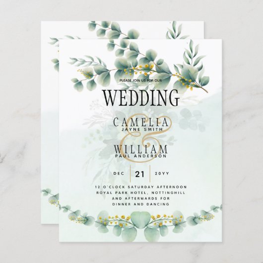 Papier Eucalyptus Faire-part de mariage Vert moderne Or (Devant / Derrière)