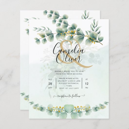 Papier Eucalyptus Faire-part de mariage Vert moderne Or (Devant / Derrière)