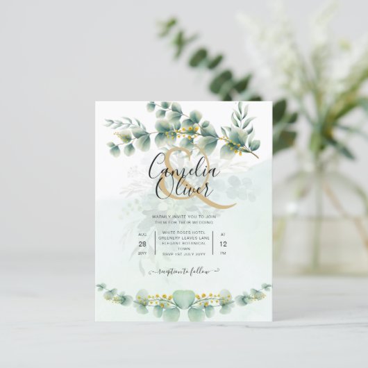 Papier Eucalyptus Faire-part de mariage Vert moderne Or (Debout devant)