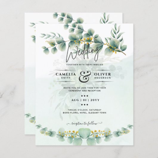Papier Eucalyptus Faire-part de mariage Vert moderne Or (Devant / Derrière)