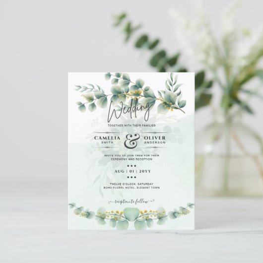 Papier Eucalyptus Faire-part de mariage Vert moderne Or (Debout devant)