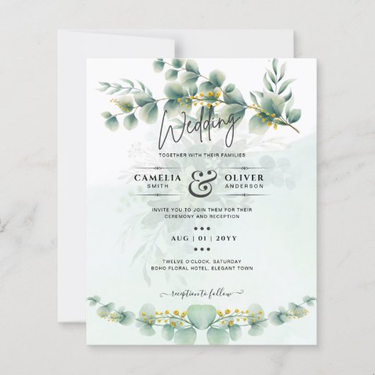 Papier Eucalyptus Faire-part de mariage Vert moderne Or (Devant)